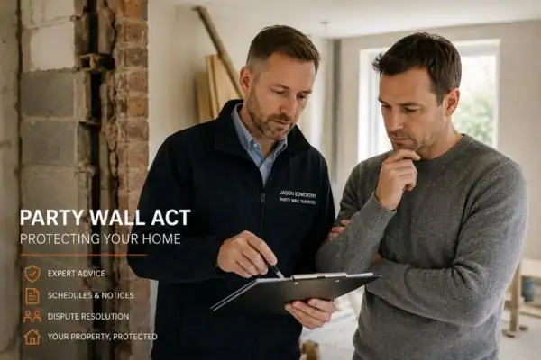 Party wall surveyor Chichester discussing extension plans with homeowner outside a UK semi-detached house.